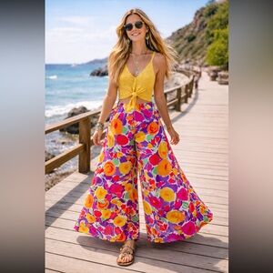 70s Vintage Palazzo Pants NWOT Jersey Print Bold Floral Miss Elaine size S.